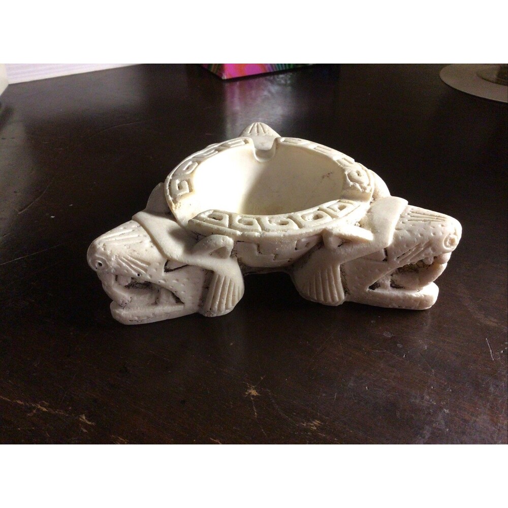 Vintage Mexican Folk Art Aztec Ashtray Prehistoric Animal Tiger Tobacco Pottery